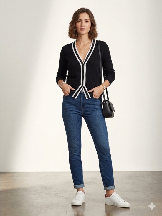 Lauren Ralph Lauren Sweaters - Lauren Ralph Lauren Black S Varsity button up Cardigan White Trim & Lace